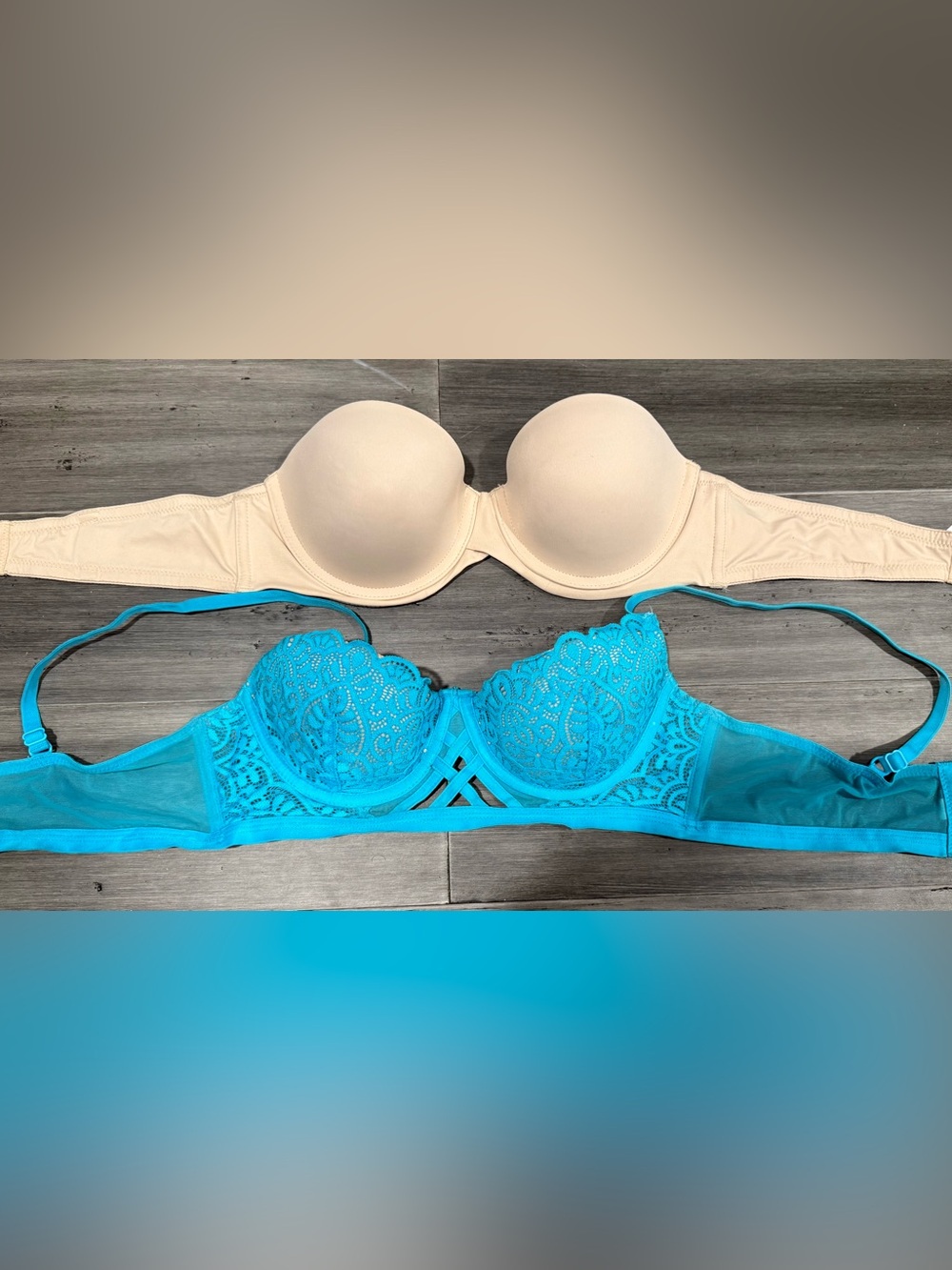 Adore Me Nude Strapless Bra and Turquoise Lace Balconette Duo